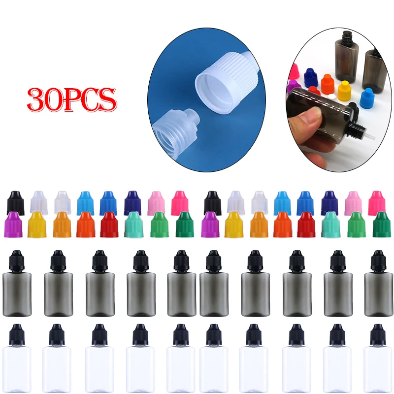 

30Pcs 30ML PET Plastic Empty Flat Dropper Bottles E Liquid Eye Clear Black Water Oils Vials Containers Long Tip Cap with Funnel