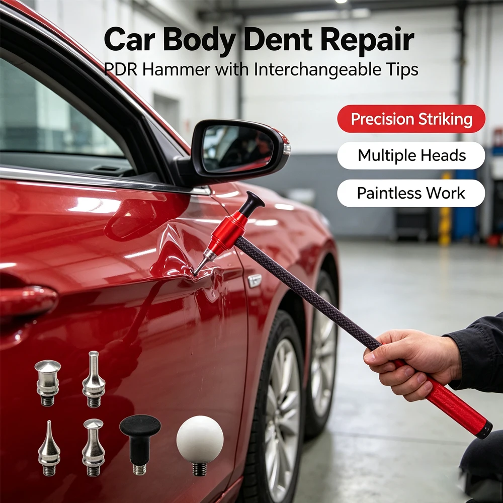PDR Carbon Fiber Dent Hammer 41.5cm Auto Dent Leveling Hammer With 6 Interchangeable Tips For Car Paintless Dent Repair