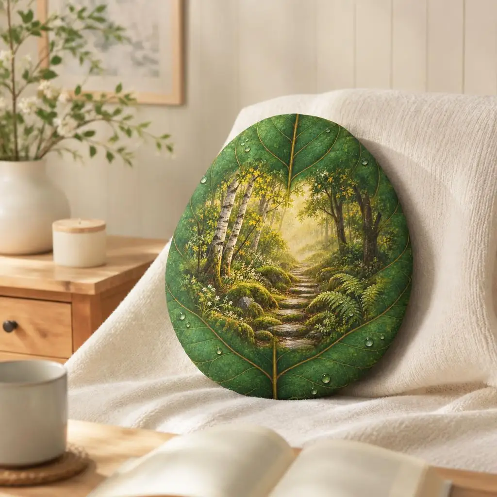 Woodland Forest Path Throw Pillow Birch Tree Leaf Shaped Stuffed Cushion Nature Decor for Sofa Bed Living Room Home Accent