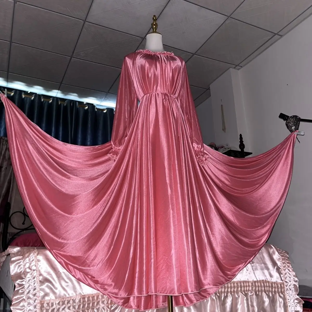 Glossy Ice Silk Ruffles Women Satin Ruffles Long Maxi Dress Elegant Dresses