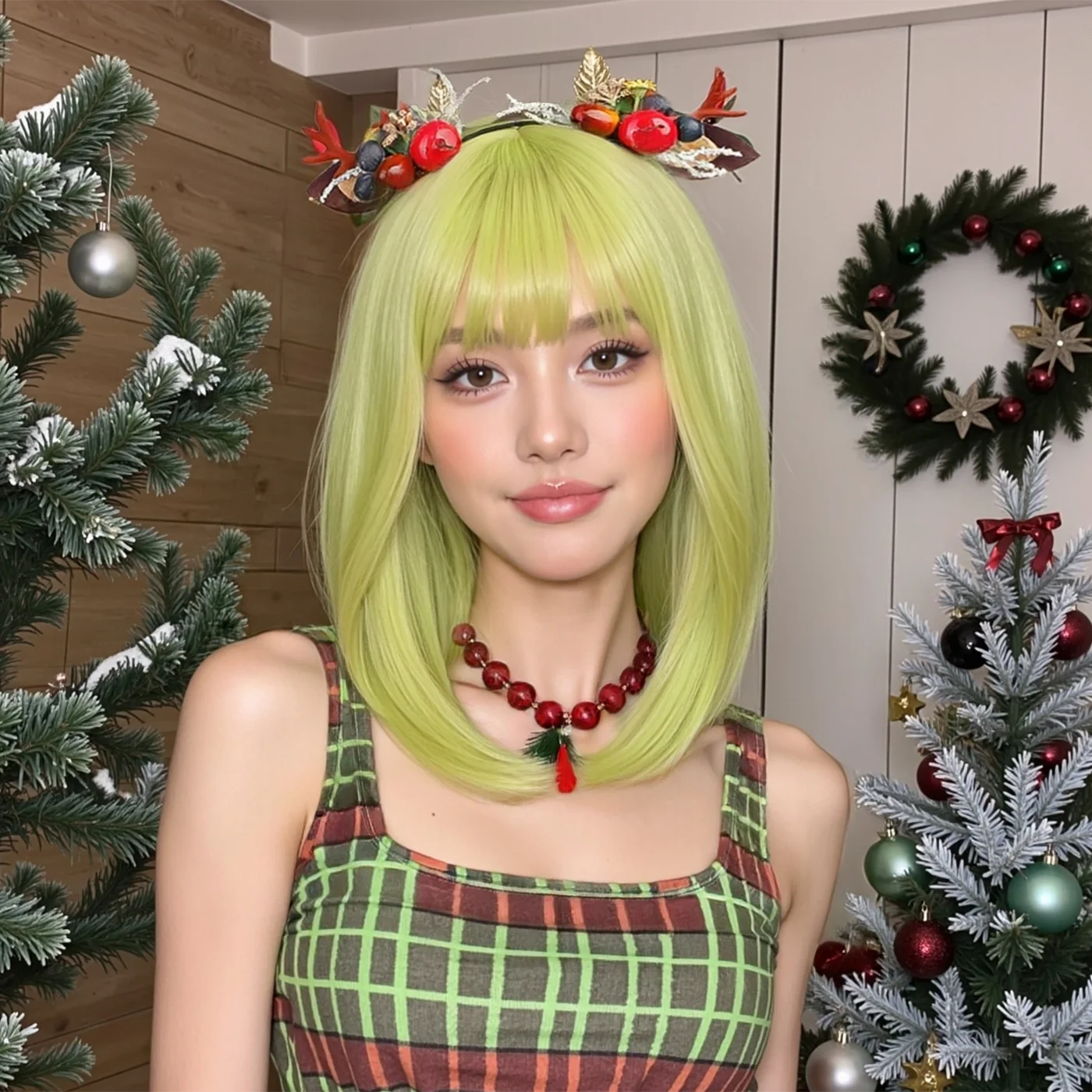 

Рождественские синтетические парики Apple Green, короткий прямой парик боб для женщин, термостойкий косплей, повседневное использование, натуральные волосы с челкой