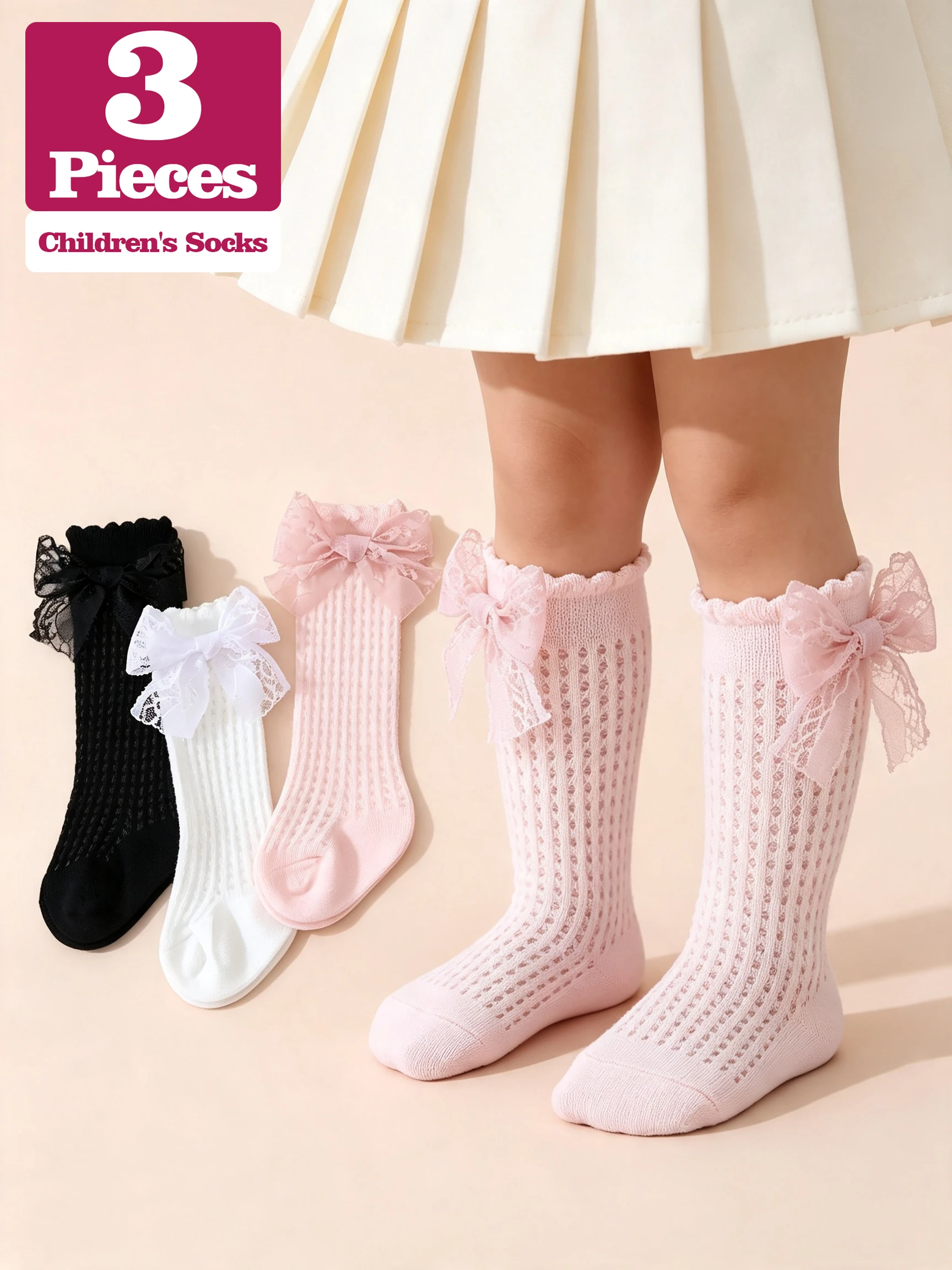 3 Pack Toddler Girls Hollow Mesh Calf Length Socks Satin Bow Frill Top Thin Breathable Kids Daily Holiday Dress Socks Fit 0-8Y