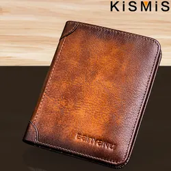 KISMIS New Genuine Leather Rfid Wallets for Men Vintage Thin Short Multi Function ID Credit Card Holder Money Bag