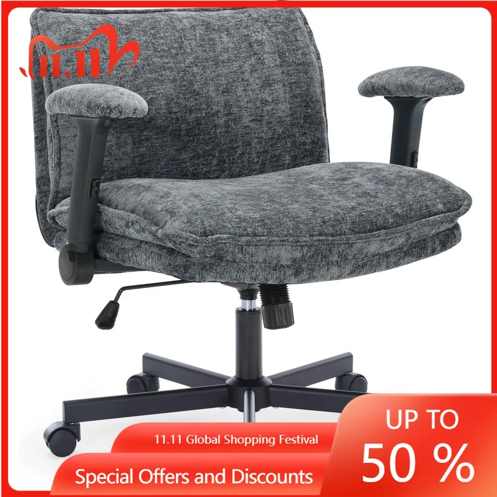كرسي مكتب بأرجل متقاطعة مع عجلات وأذرع قابلة للتعديل، كرسي مكتب متقاطع مع وسادة سميكة، كرسي مقعد عريض