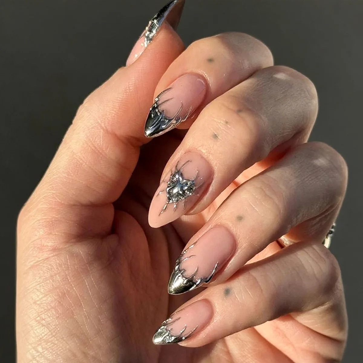 

24PCS Simple Nude Almond Press on Nails with Glue Metallic Silver Heart French False Nails for Women Sweet Luxury Fake Nails Art