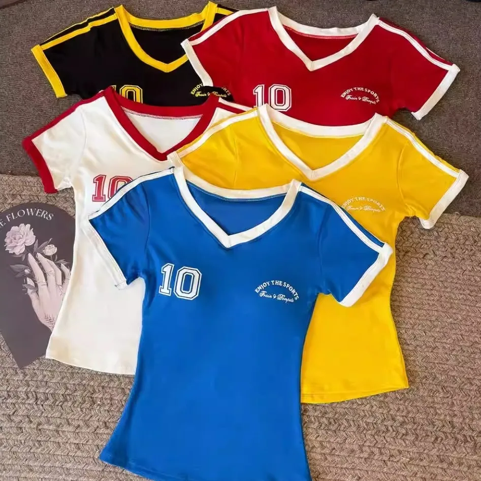 Summer New Style Women's Slim Fit Short Sleeve T-Shirt V-Neck Print Integrated Comfortable Breathable Fashionable Casual