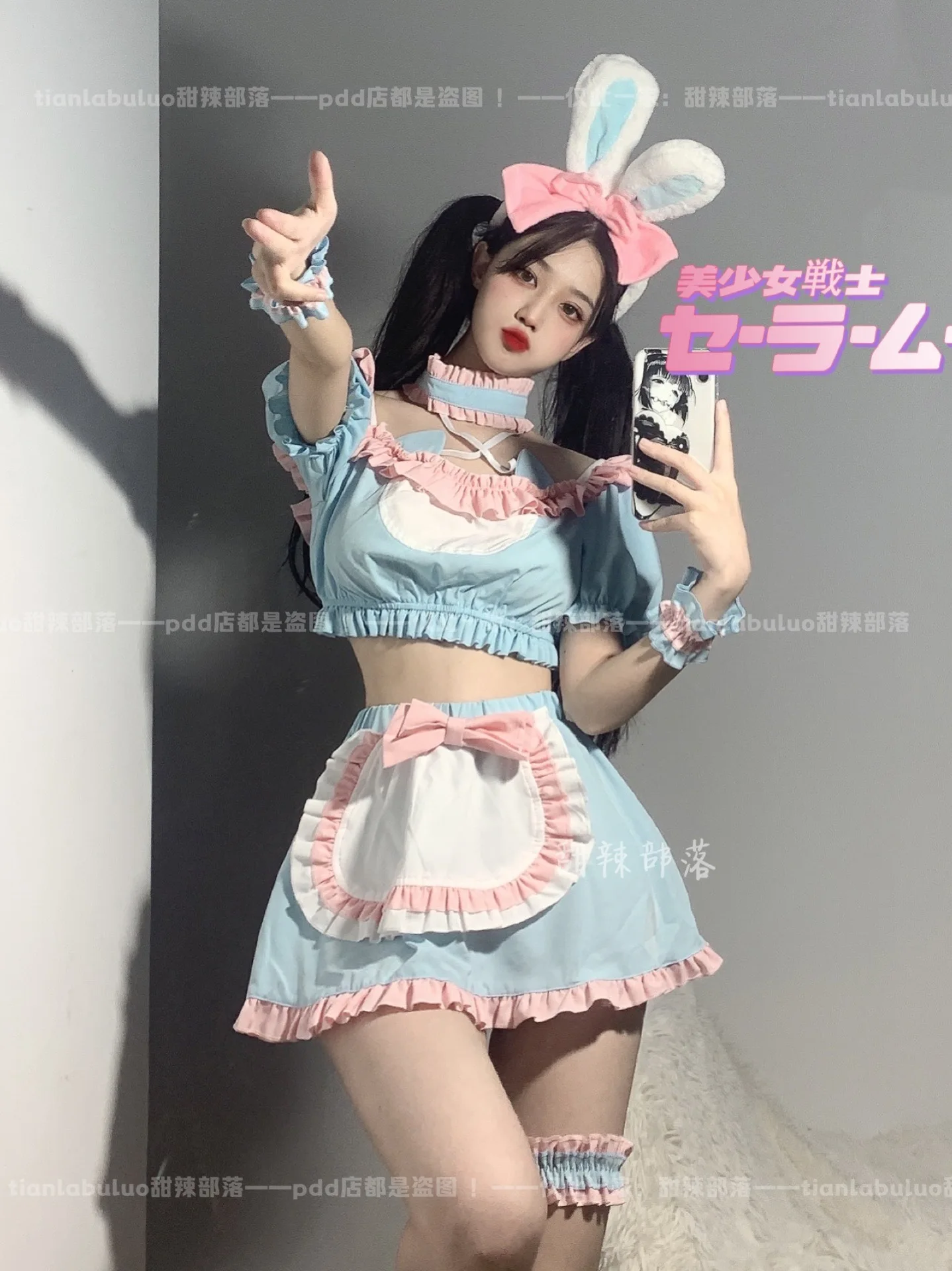 Womengaga Zoete Pittige Konijn Cosplay Anime Roze Blauw Japanse Maid Mini Jurk Kant Hot Sexy Koreaanse Vrouwen Tops 2022 K4MU