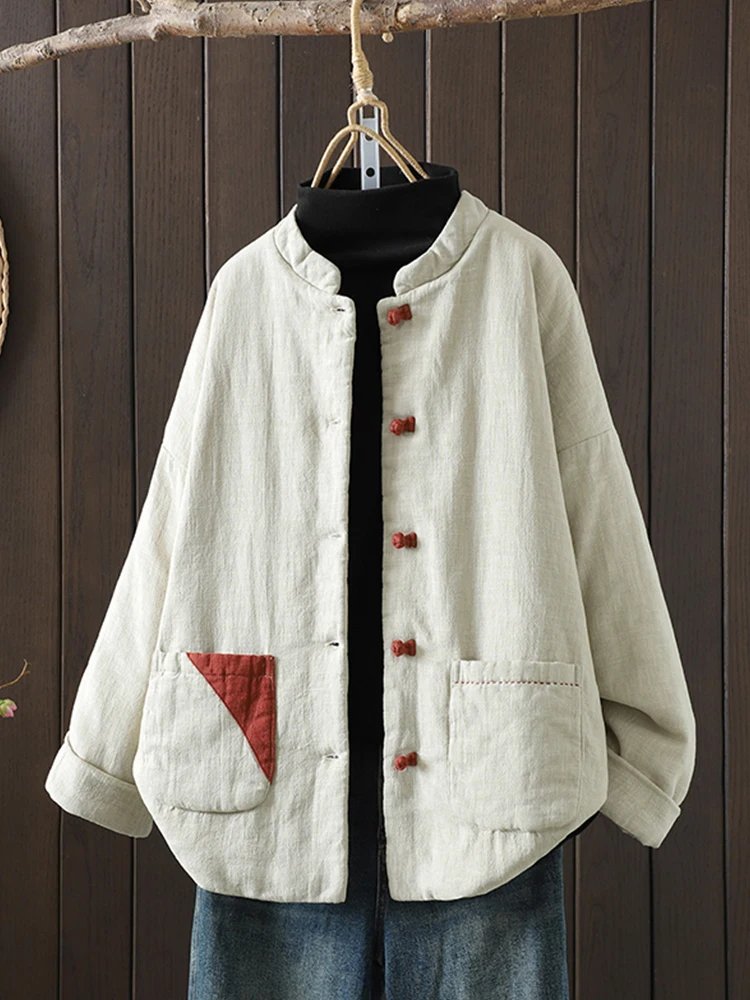 

Retro Chinese Style Button up Thickened Cotton Jacket Women's Winter Warm Coat Small Cotton Shirt Long Sleeve Stand Collar