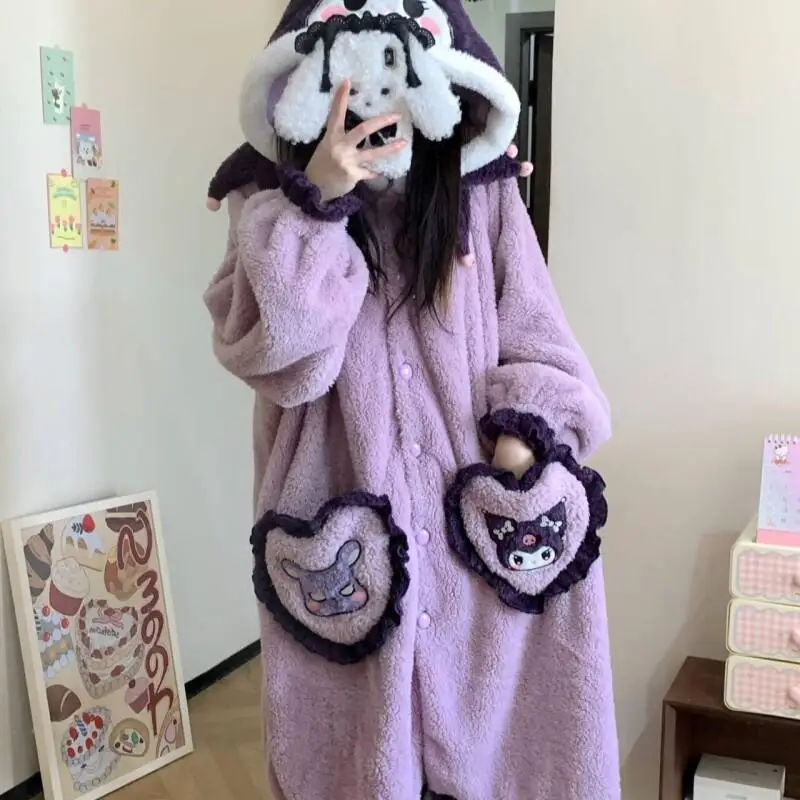 

Hot Sanrio Kuromi Coral Fleece Long Sleeve Sleeping Gown Set Women Winter Warm Wear Cute Soft Cartoon Design New Cozy Pajama Set