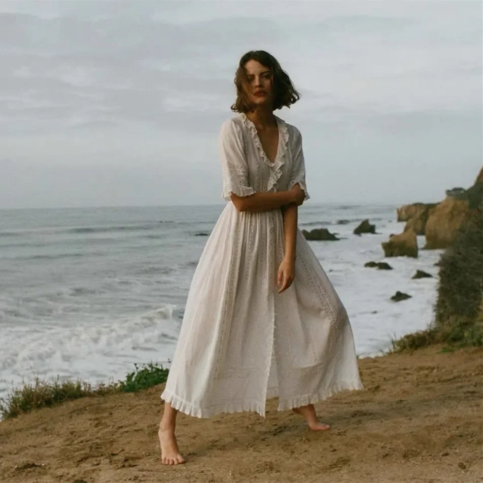 

Women's Robe 2024 New Spring Summer Ruffles Embroidery Hollow Out V-Neck Single Breasted Vintage Long Dress