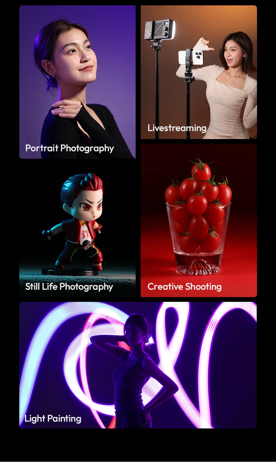 Ulanzi P40 Bi/P40 RGB 40W Videoleuchte 14000Lux 37Wh mit LED-Anzeige für Porträt Stillleben Fotografie Schießen Lichtmalerei – Detail 15