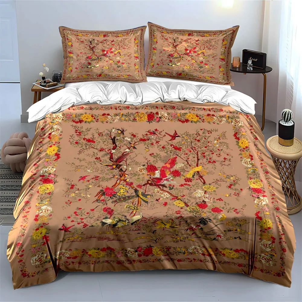Vintage Chinese Bird Floral Print Bedding Set, Oriental Peony Phoenix Symmetric Duvet Cover Set For Traditional Bedroom Decor