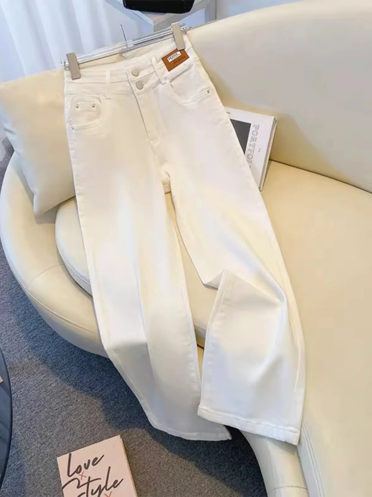 

Женские прямые джинсы с высокой талией, широкие брюки, облегающие, модные белые джинсовые брюки, весенне-осенняя сезонная одежда