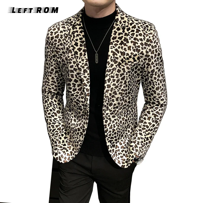 Fashion Boutique Velveteen Leopard Print Casual Jacket Men\'s Blazer  Male Slim Dress Stage Suit Coat