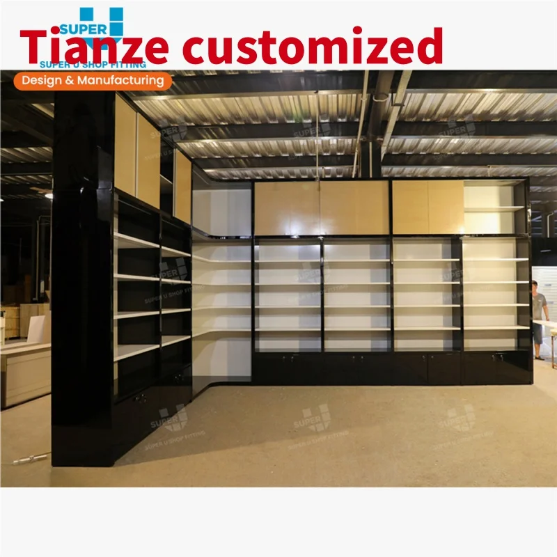 

(Customized) U glass retail shelves showroom store product display furniture showcase glass wall shop shelving with lights