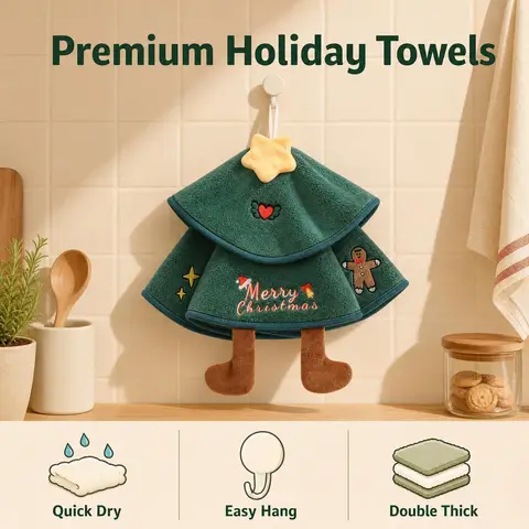 Christmas Tree Hanging Hand Towel Soft Coral Fleece Quick Dry Absorbent Towel for Kitchen Bathroom Christmas Decoration