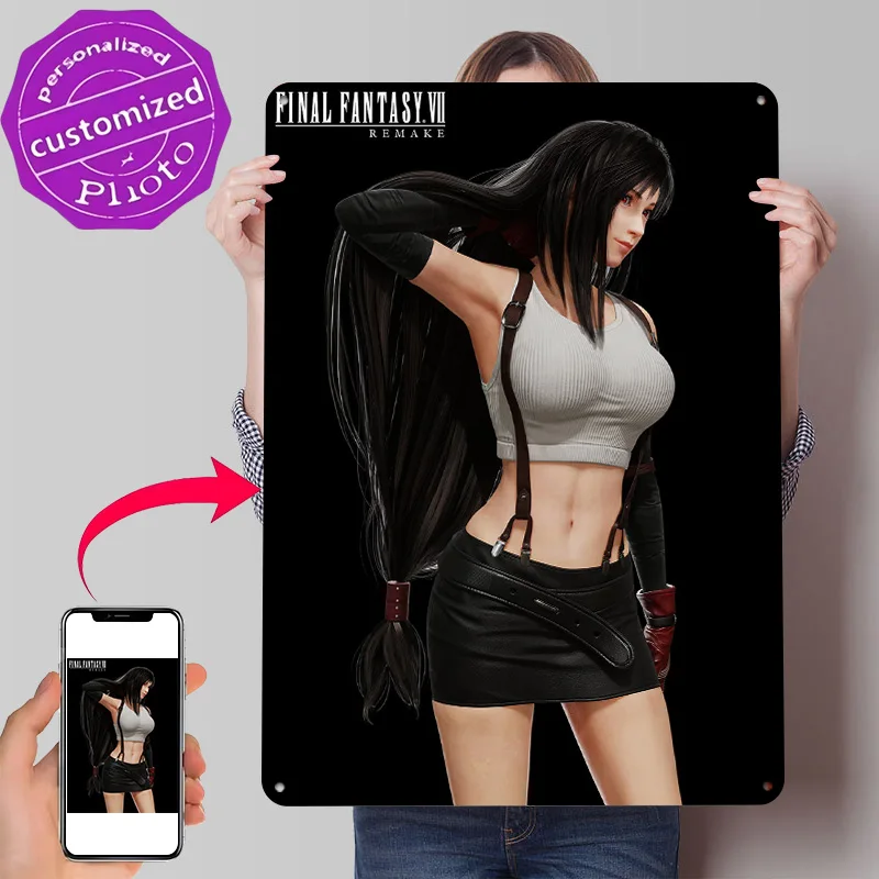 Tifa Lockhart Fantasy VII Remake Personalisiertes 3D-Strukturiertes Metallposter Wandkunst Vintage Blechschilder für Raumdekoration Schreibtischdeko