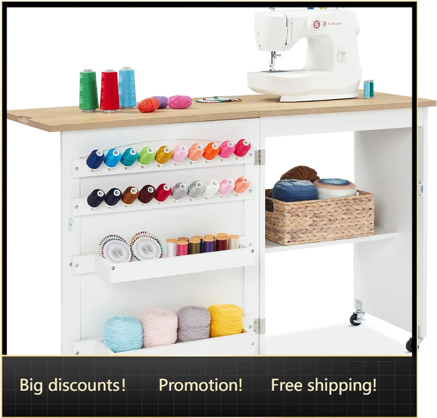 Folding Sewing Table Multipurpose Craft Station & Side Desk with Compact Design, Wheels, Shelves, Storage Trays, Pegs