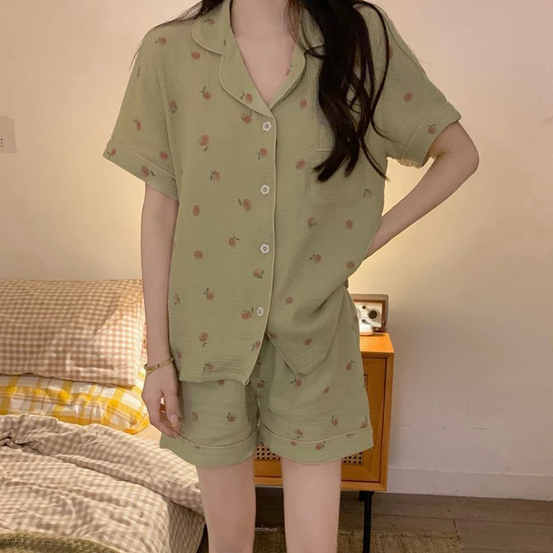 Women\'s Pajamas Set Foam Cotton Sleepwear Button down Tops and Shorts Pajama 2 Piece Suit Femme Nightwear Loungewear for Summer