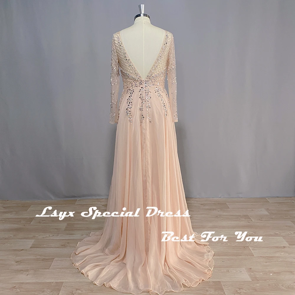 LSYX Hand Beading Long Sleeve Evening Dresses 2022 Side Slit V-Neck Chiffon Luxury Party Prom Gown Floor Length REAL Photos