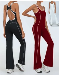 Seamless Knitted Sports Fitness Yoga jumpsuit Open Back Color Matching Bodysuit Naked Feel Workout Gym Wide Leg Flared Pants Set