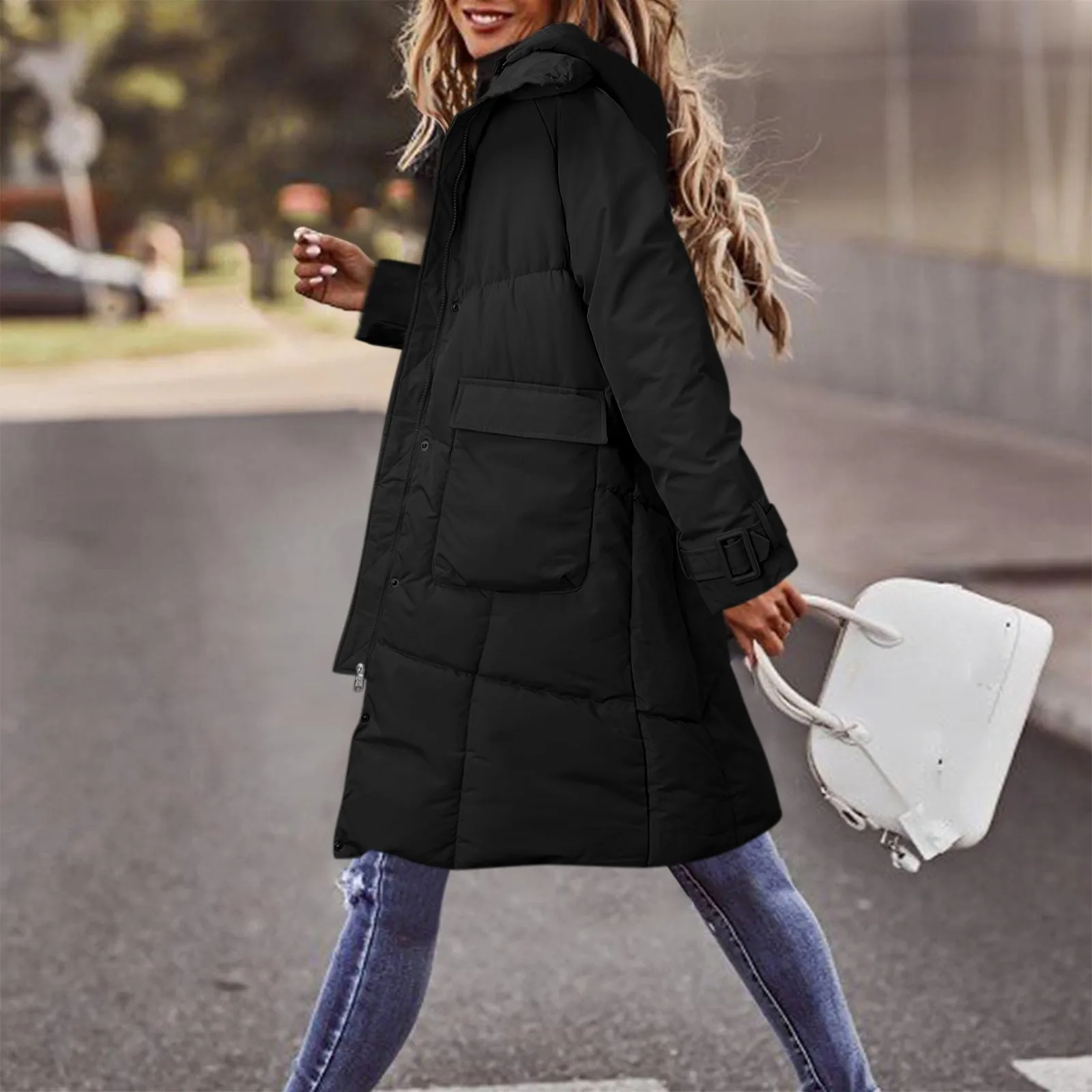 Winter Women Down Jackets Casual Solid Coat Down Cotton Padded Jacket Hooded Vest Zipper Pocket Loose Long Sleeve Coat