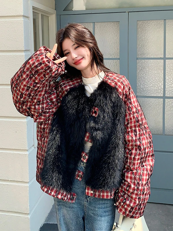 레드 플래드 플러피 여성용 패딩 재킷 2025년 신상 한국 스타일 루즈핏 따뜻한 화이트 다운 코트