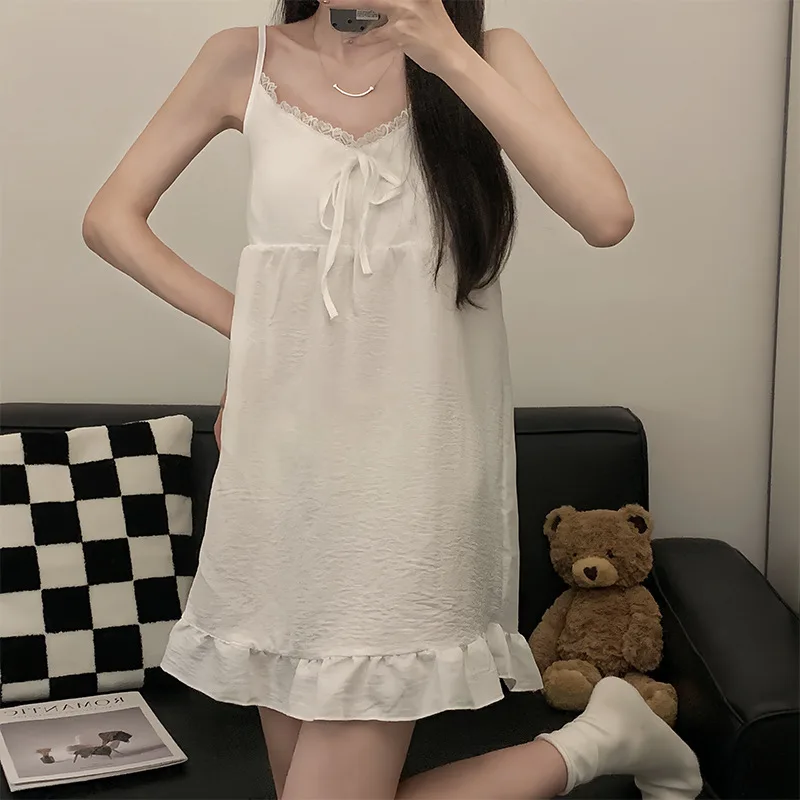 Solid Color Suspender Nightgown for Women in Summer High-end Cloud Cotton Sweet and Cute Home Clothes Camisones Para Dormir