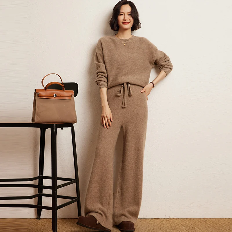 Autumn Winter High Quality Fashion Suit 100% Cashmere Knit Sweater Women Pullover And Wide Leg Pants Two-Piece Female Girl Cloth