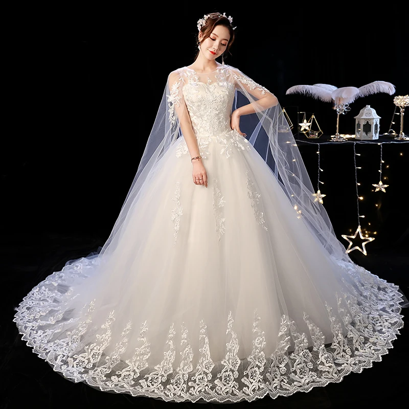 

It's YiiYa Customized Wedding Dress Cheap White Lace Tulle O-neck Train Princess Floor Length Plus size Bridal Ball Gowns XXN237
