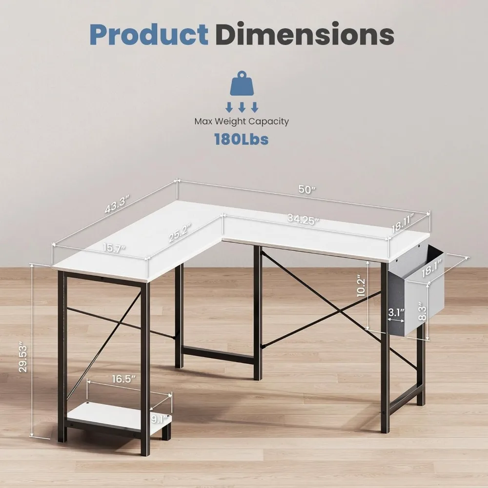 L-Shaped Gaming Desk with Storage, 50 Inch Corner Table for Home Office and Small Spaces