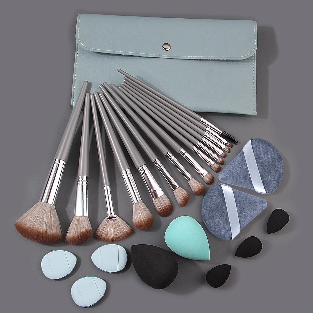 ชุดแปรงแต่งหน้าอเนกประสงค์ขนนุ่ม 14 ชิ้น & ฟองน้ำแต่งหน้าไม่ติด 10 ชิ้นไข่/พัฟแป้ง & ถุงเก็บ 1 ชิ้น