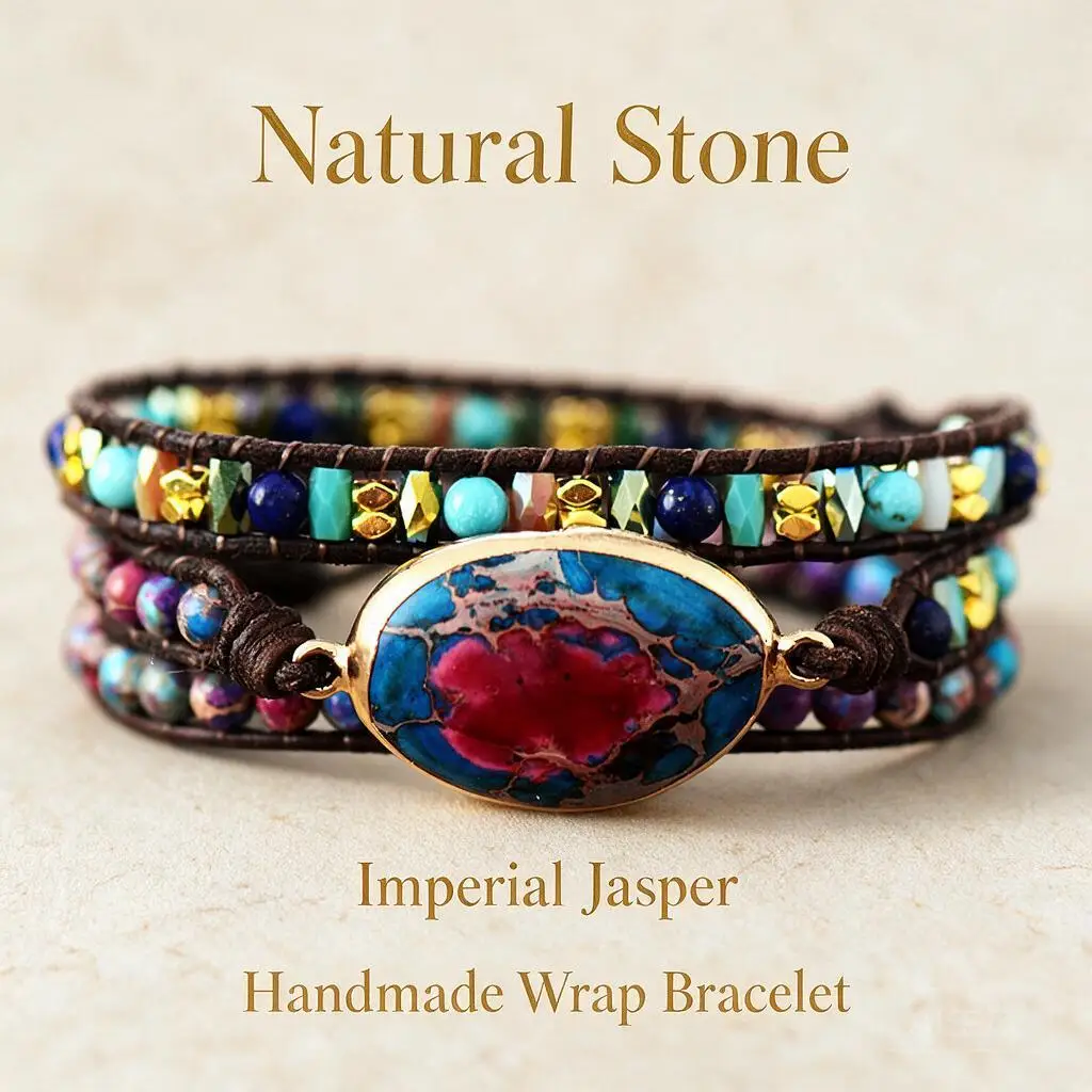 Custom Vintage Boho Multi Layer Handwoven Natural Stone Crystal Beaded Leather Wrap Bracelet For Women Holiday Jewelry Gift Idea