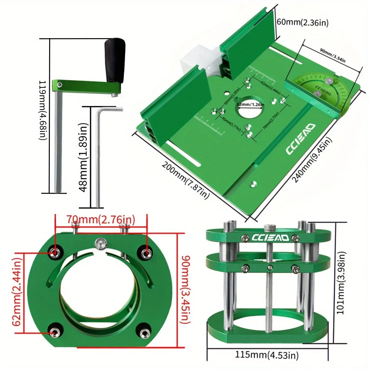 Manueller Fräserlift mit 4-Klauen-Grip und Aluminiumplatte, präzise höhenverstellbare umgekehrte Halterung für 65-mm-Trimmaschinen-Frästische – Detail 2
