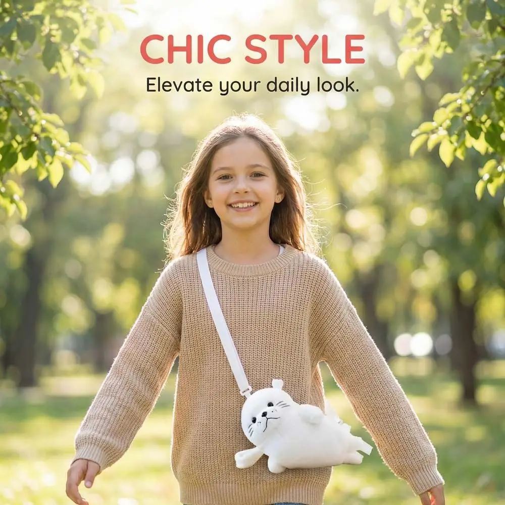 

Creative Cute Seal Shoulder Pouch Adorable Soft Cartoon Seal Handbag PP Cotton Adjustable Straps Plush Crossbody Bag Women