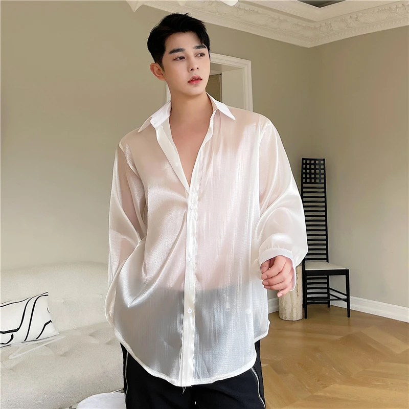 Gentlemen Senior Sexy Sheer Silk Blouse Male Mature Desire Date Home Tops Nightclub Beach Holiday Seaside Thin Quick Dry Shirts