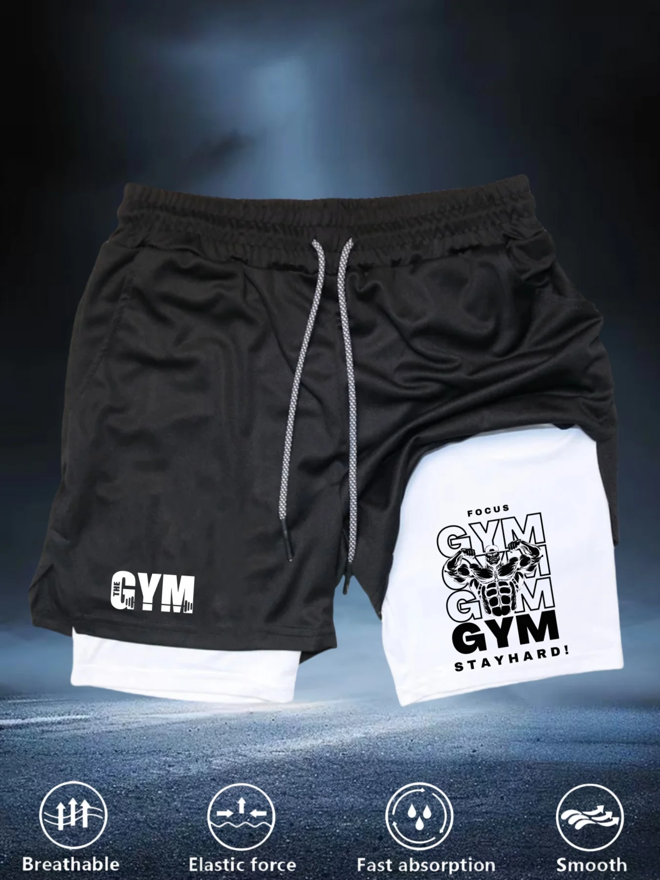 Herren Laufshorts Schnelltrocknend Fitness Schwarz Doppellagige Shorts Herren Neue Sport Workout Training Bodybuilding Kurze Hosen
