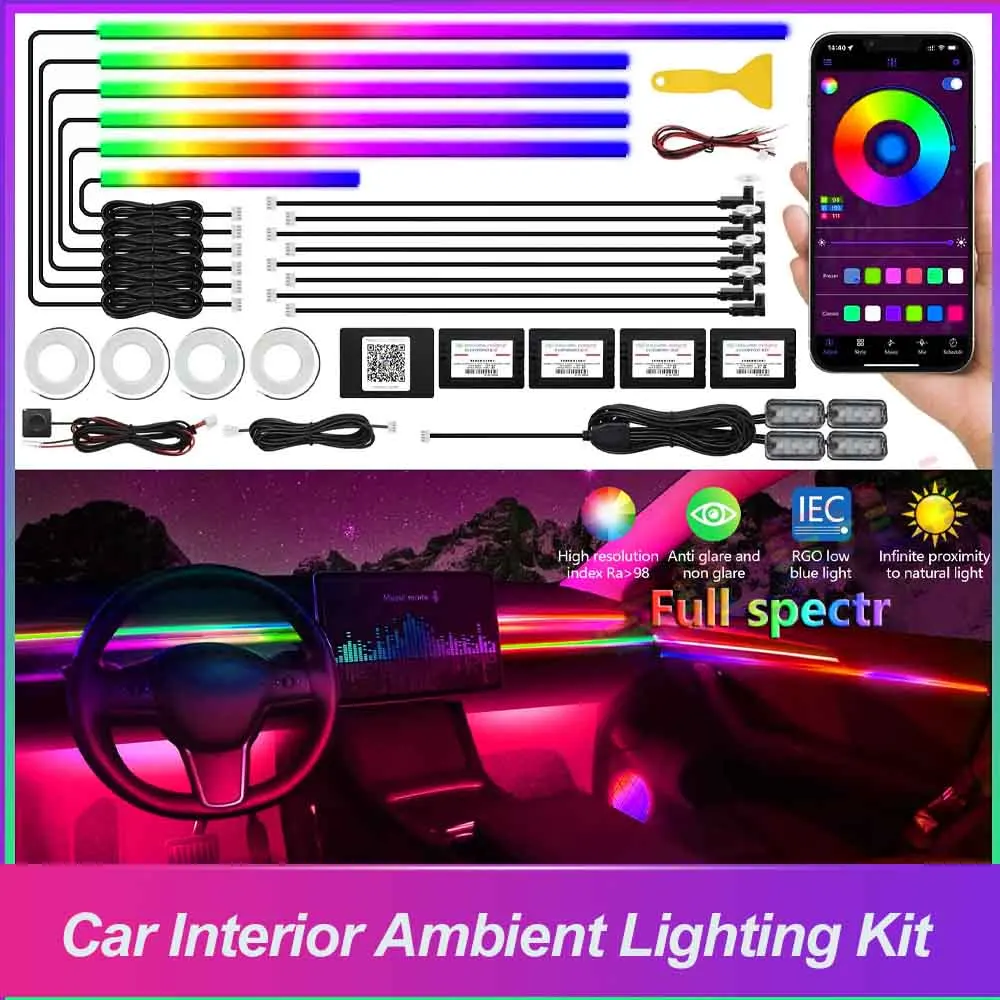 

Универсальные светодиодные лампы для салона автомобиля, акриловые RGB/красочные атмосферные огни, неоновая лента для улучшения вождения, комплект окружающего освещения