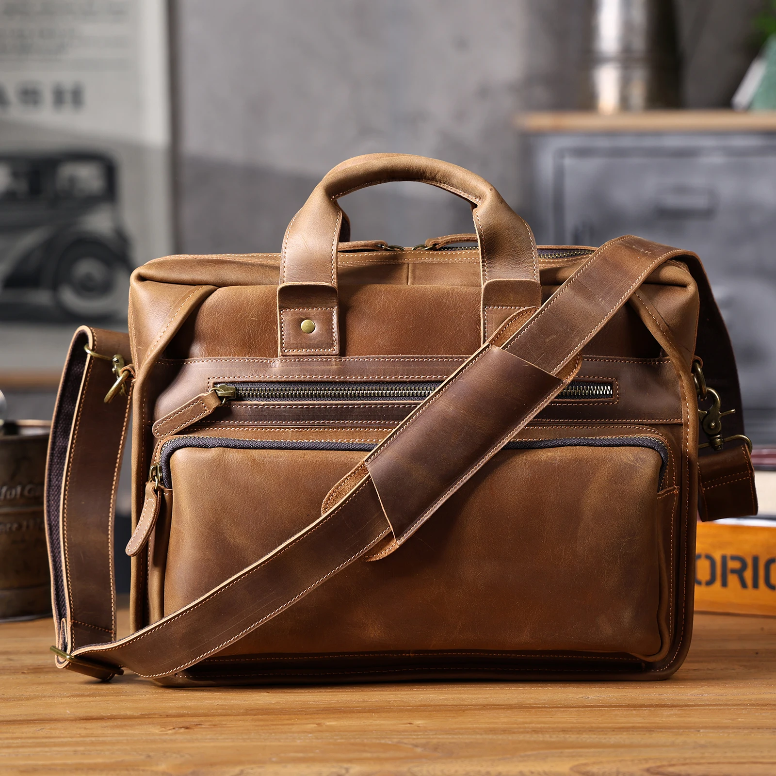 Vintage Echtleder Herren-Aktentasche 14" Laptop-Tasche Crazy Horse Leder Messenger-Handtasche Rindsleder Geschenkidee für Männer – Detail 22