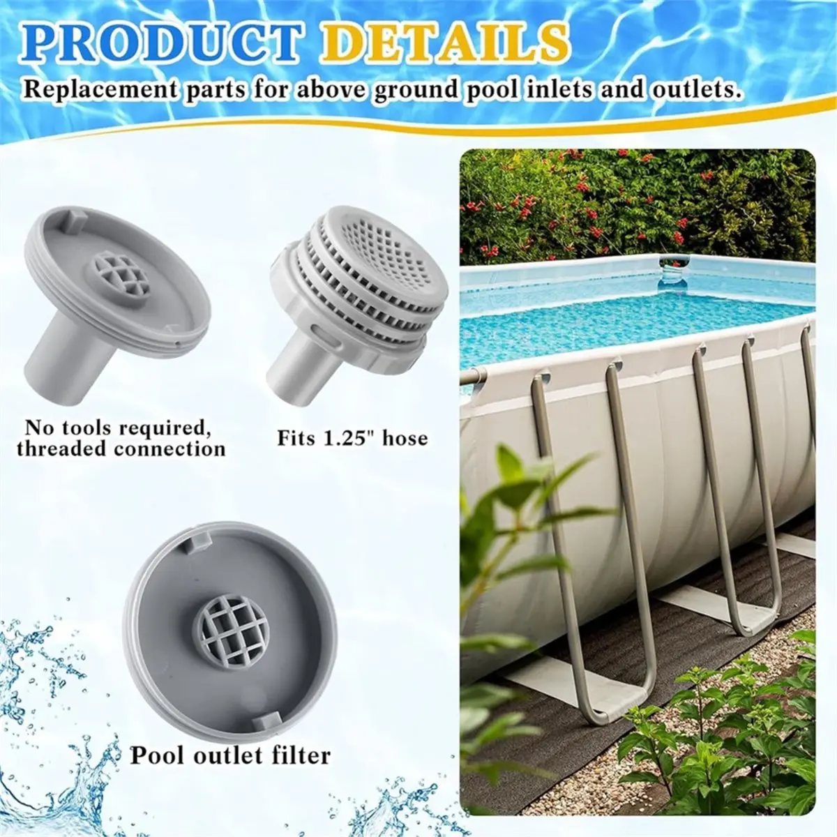 Pool Water Jet Connector Kit, Inlet & Outlet Strainers, Filter Hole Plugs for 25022E 1.25 Inch Above Ground Pools