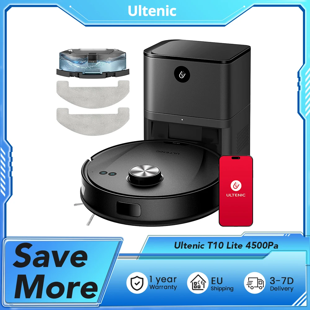 Ultenic-Robot aspirador T10 Lite, aspiradora con navegación LiDAR, succión de 4500Pa, vacío automático, tiempo de ejecución de 180min, cubo de basura de 2L, Control por aplicación