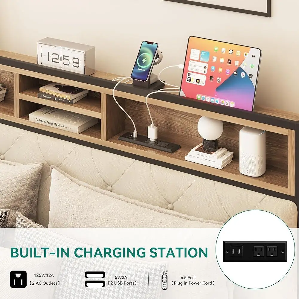 Queen Storage Bed Frame with 4 Drawers Upholstered Platform Dual USB Charging Ports Bookcase Headboard Noise Reduction Sturdy
