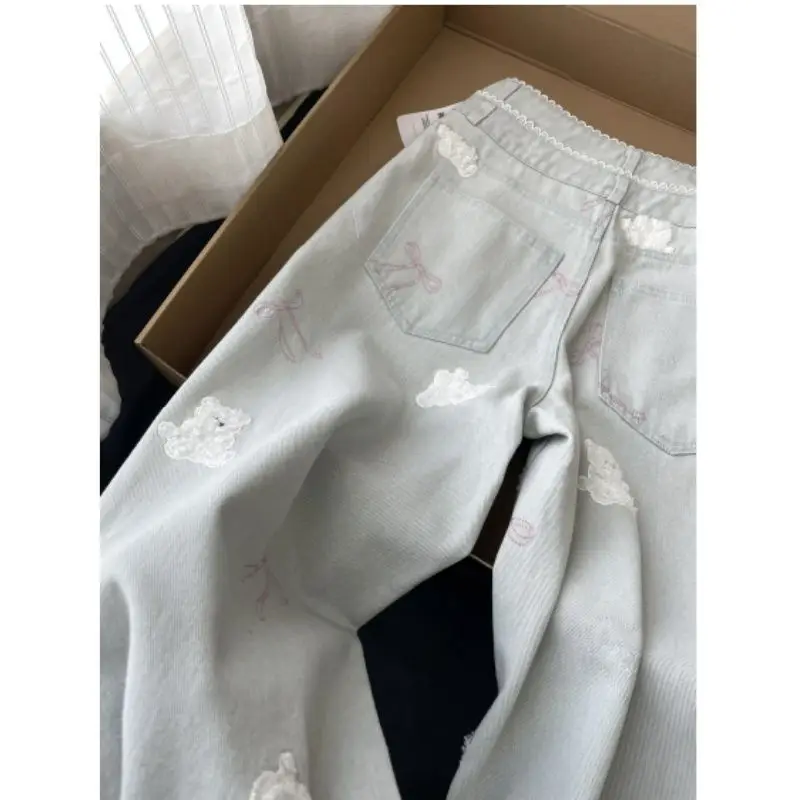 Urso bordado design cintura alta perna larga jeans verão solto ajuste calças compridas femininas coreano sle commute ket detalhe