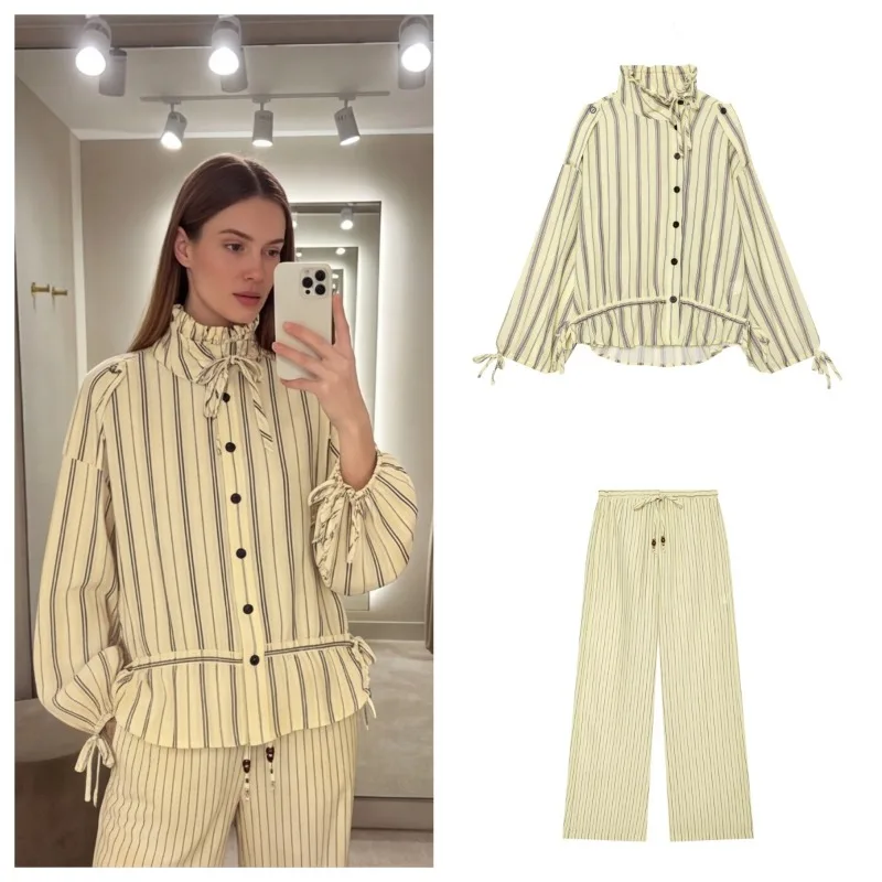 Women S 2026 Fall New Yellow Stripe Long Sleeve Ruched Loose Jacket Parka and Pants Set Comfortable Casual Fashion Date Outfit