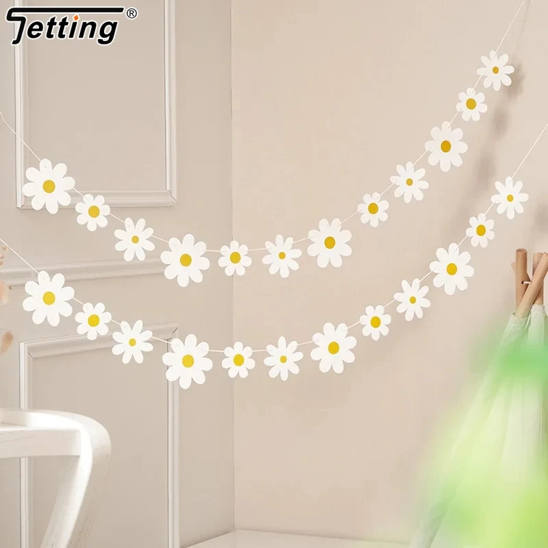 1Set Daisy Banner Birthday Party Burlap White Flower Garland Confetti Daisy Flag Baby Shower Wedding Party Bunting Decoration