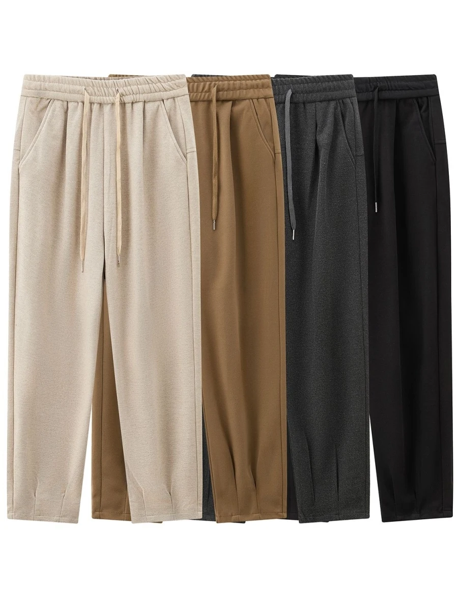 

Men's Casual Straight Leg Harlan Pants Autumn Winter Faionable Woolen Trousers Elastic Waist Pure Color Long Pants