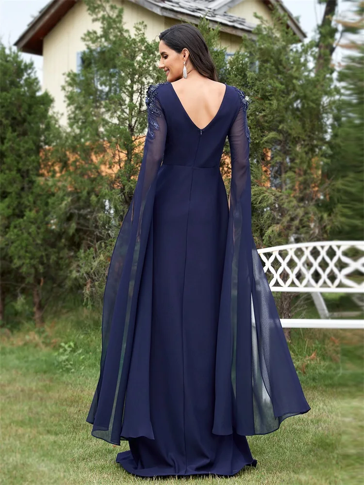 Lucyinlove Luxe Chiffon Lange Mouwen Navy Avondjurk Lange 2024 Elegante Jurk Trouwfeest Prom Arabia Cocktailjurk Jurk