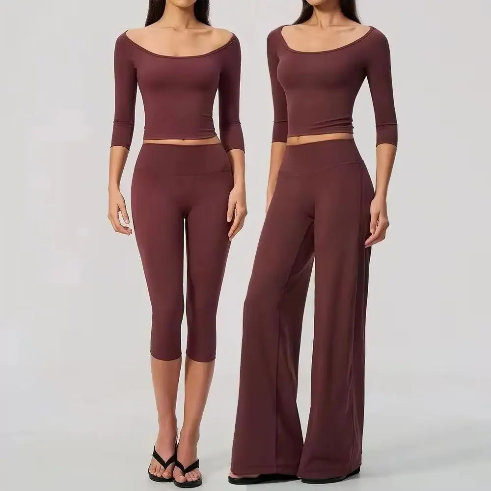 Women 2 Piece Yoga Set Crop Top 3/4 Sleeve Off Shoulder High Waist Flare Pants Push Up Gym Workout Running Fitness Activewear