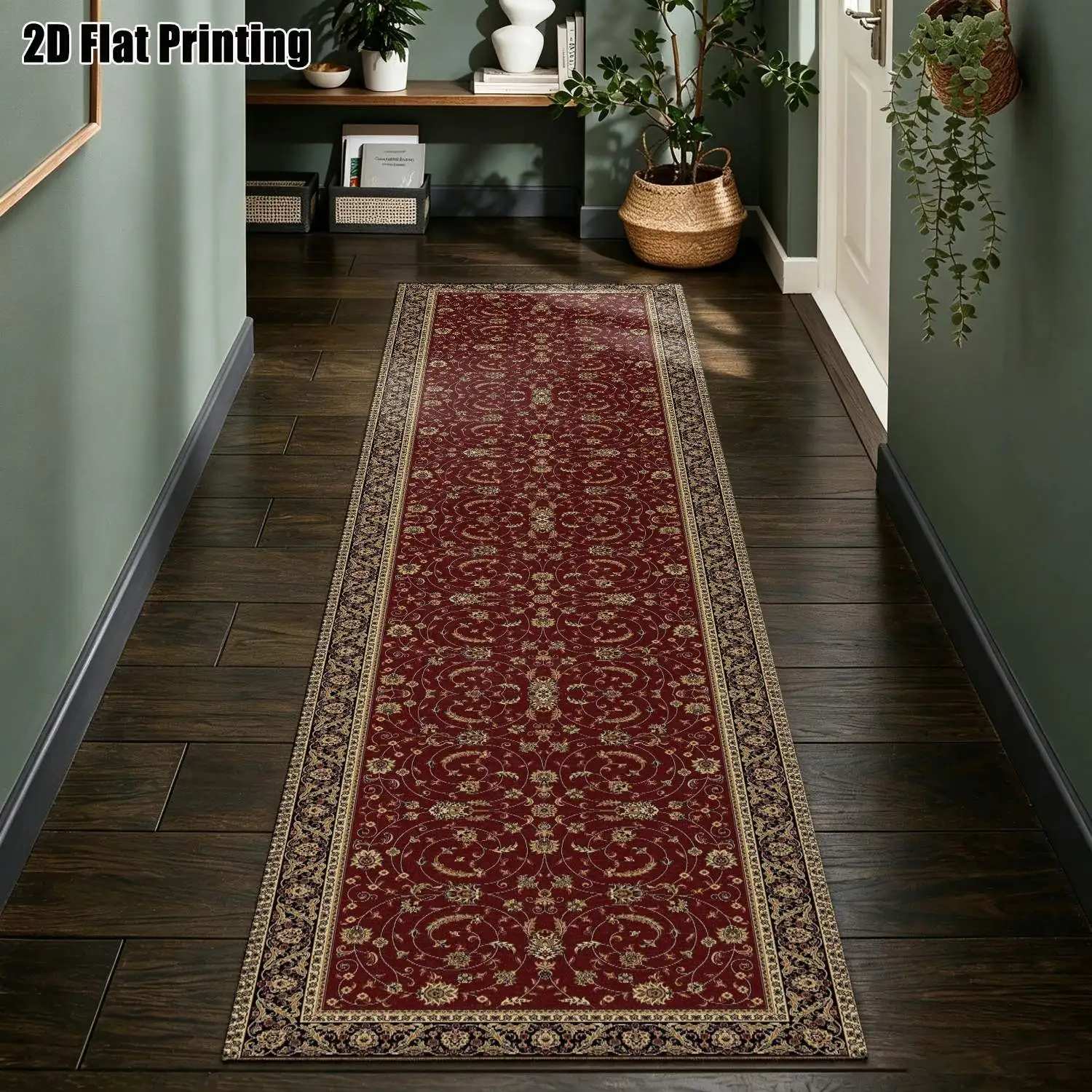 1Pc 2D Printed Long Strip Runner Carpet: Red Retro Floral, European, Bohemian, Geometric Striped Styles, Home Decor, Multi-Size, Machine Washable, for Entryway, Living Room, Bedroom, Kitchen