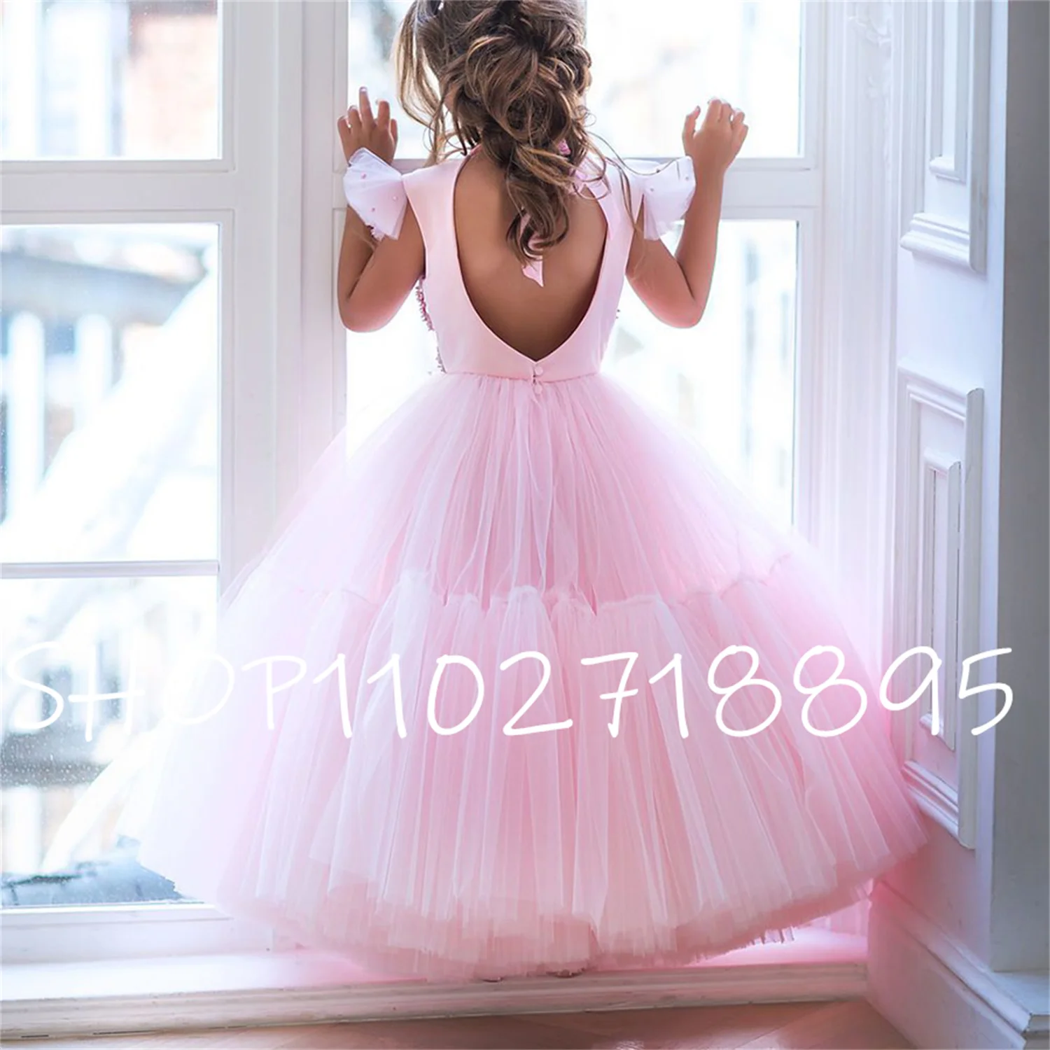 

Pink A-Line Flower Girl Dress 2023 Party Kids Birthday Ankle Length Princess Beading Applique Lace Fluffy Tulle Dresses Backless